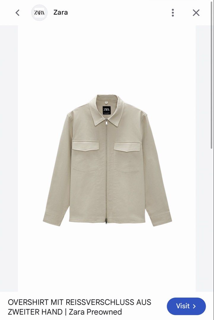Zara Zip-Up Overshirt Cream Size M (Category: Coats, Jackets and Outerwear) located in Manila. Submitted by poreberqueeen (Listing ID 1466354421, Image 2). Description: - Brand: Zara - Style: Zip-up overshirt - Color: Cream - Size: M (Regular fit) - Material: Durable cotton twill with a structured feel - Features: Full front metal zipper, classic pointed collar, two chest flap pockets - Condition: Worn a few times, minimal signs of wear - Versati