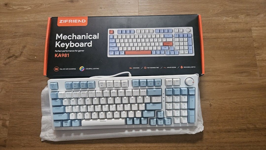 ZIFRIEND KA981 Mechanical Keyboard (Category: Computer Keyboard) located in Pasig City. Submitted by stephenjray (Listing ID 1448306918, Image 1). Description: ZIFRIEND KA981 Mechanical Keyboard Comes with White and Blue Keycaps Brand new, never used. RFS: decluttering Loc: Around Rosario, Pasig! Can also deliver via lalamove around NCR! Buyer will need to shoulder the delivery fees however. Payment: gcash! DM IF INTERESTED! Thank you po!.