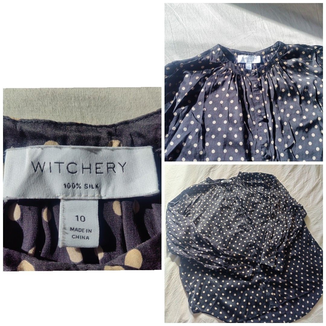 100% Silk Polka Dot Button Down Longsleeve Blouse 'Witchery Silk Blouse' (Category: Longsleeves) located in Barotac Nuevo. Submitted by yorcollections (Listing ID 1466688470, Image 1). Description: 100% Silk Polka Dot Button Down Longsleeve Blouse classic black silk fabric and white all over polka dot print, button front placket and soft gathered collar very airy and comfortable Size 10 on tag Length 26 inches Width 23 inches Sleeve length 23.5 i