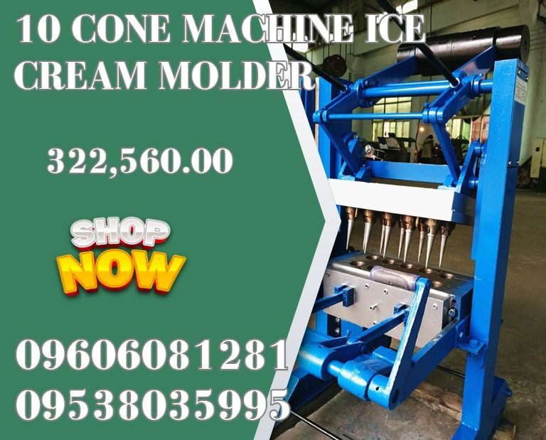 10 cone machine ice cream molder (Category: Construction Tools & Equipment) located in Caloocan City. Submitted by 09513227950 (Listing ID 1466580173, Image 1). Description: ●Model GD-10 ●Number 10 ●Capacity(pc s/h) 250-300 ●Baking time 1-2min ●Power 4.5kw ●Voltage 220v ●Size(mm) 760×600×1050 ●Packing size(mm) 970×680×1200 ●NW (kg) 200 ●GW (kg) 230 .