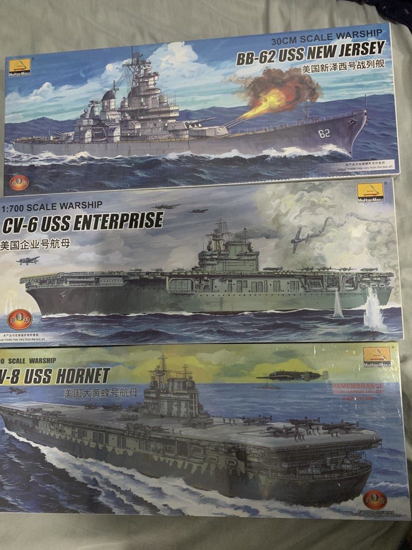 1/700 Warship Model Kits (3 Kits Set) (Category: Gundam & Model Kits) located in Manila. Submitted by royalocean_efe40f (Listing ID 1466617451, Image 1). Description: USS NEW JERSEY USS ENTERPRISE USS HORNET UNASSEMBLED/COMPLETE W OG BOX,SPRUES, DECALS .