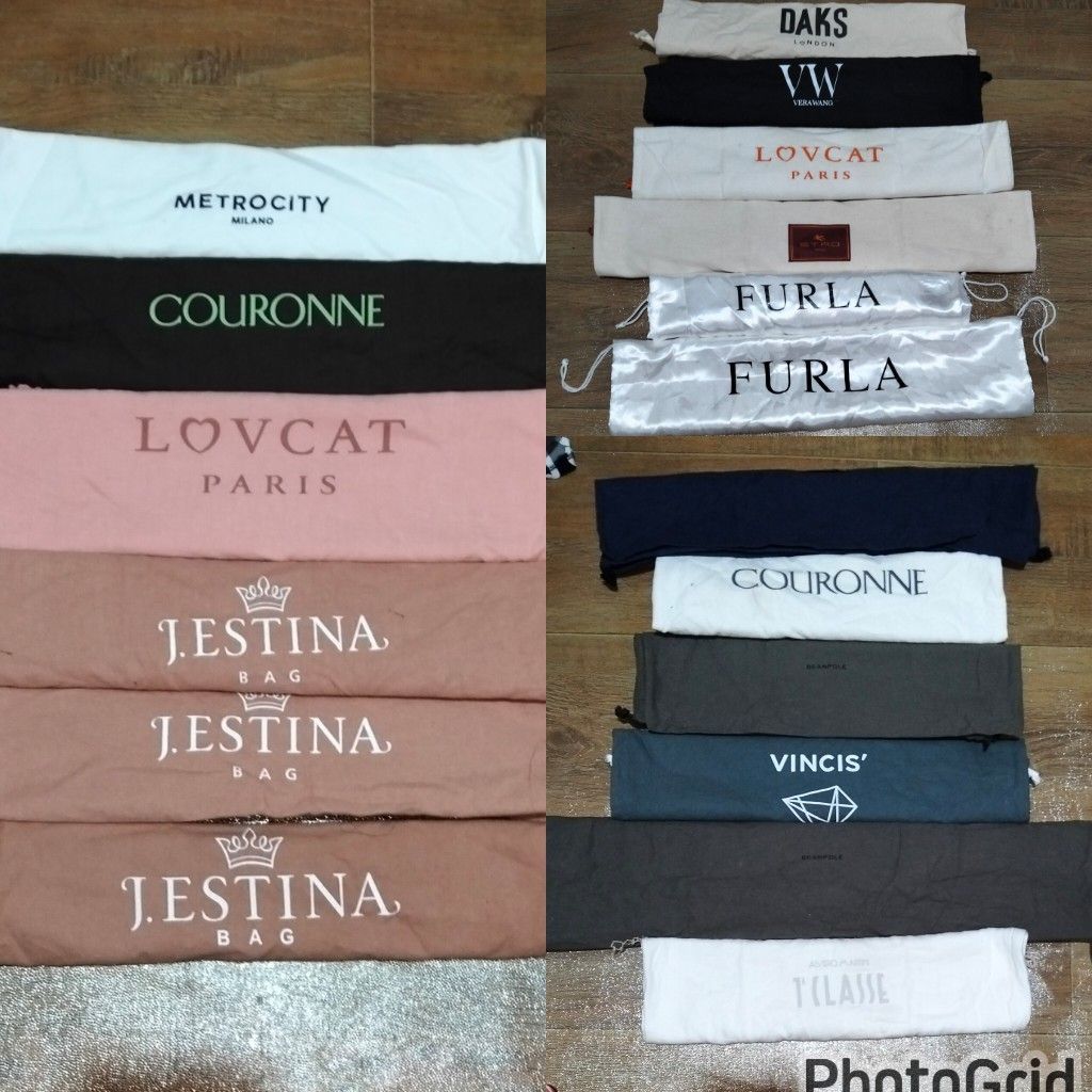 18 pcs Authentic MIDBRANDS dust bag dustbag (Category: Shoulder Bags) located in Zamboanga. Submitted by luxuryaccessories_ella.2022 (Listing ID 1466694212, Image 1). Description: 👉all authentic Jestina,Daks, Beanpole,Lovcat, Courrone,Vera wang,Metrocity, Furla,ETRO, 👉18 pcs, naging 54 each 👉old stocks kaya need wash ang iba 👉add sf 181 large pouch 👉Loc po is Mindanao 👉 shipping thru J &T 👉MOP:Gcash or BPI.
