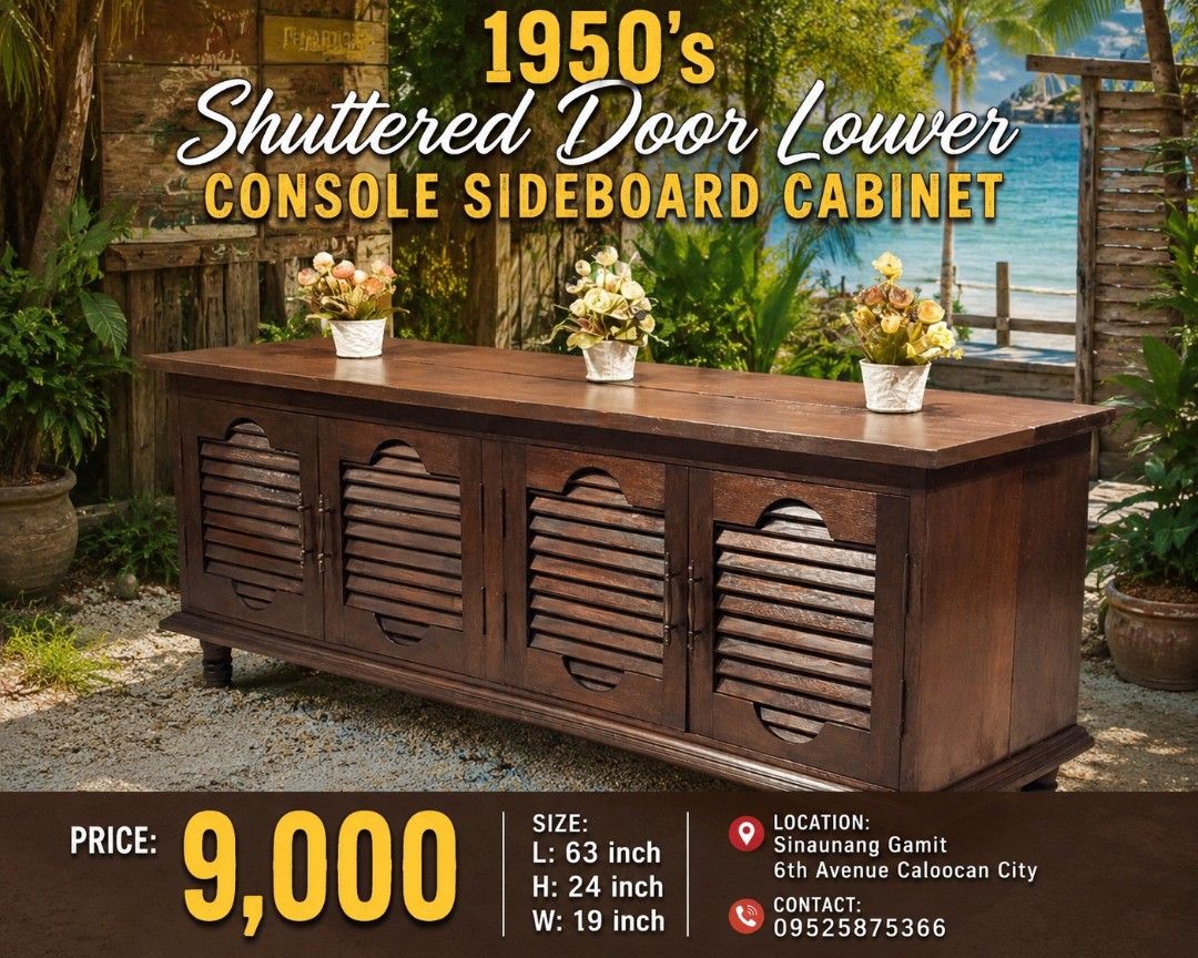 1950's shuttered Door Louver Console Sideboard Cabinet (Category: Vintage Collectibles) located in Manila. Submitted by makkieenri69972 (Listing ID 1466618677, Image 1). Description: 🔰 Location: 6th Avenue, Corner 3rd Street Caloocan City ➡️ Landmark ( Sinaunang Gamit PH ) 💵 Mode of Transaction 📍 Gcash or Maya 📍 Bank Transfer ✔️We accept 🔴 Cash on Delivery ( Lalamove, Transportify, Bus Cargo, Trucking Cargo) 🔴 Cash on Pick-up or Meet-up Fee
