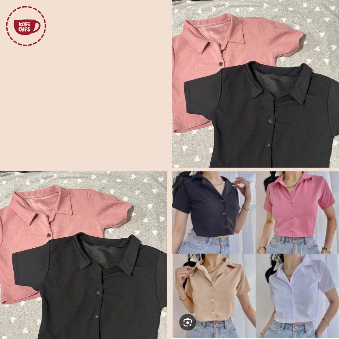 2pc Short Sleeve Collared Crop Top Polo (Category: Shirts) located in General Trias. Submitted by dddddaph (Listing ID 1466691752, Image 1). Description: - Style: Short sleeve button-down crop top with a classic collar - Details: Trendy chunky buttons down the front - Fabric: Soft, stretchable ribbed material for all-day comfort - Colors: Available in Black, Pink, Cream, and White - Styling: Pairs effortlessly with high-waisted jeans or skirts - 