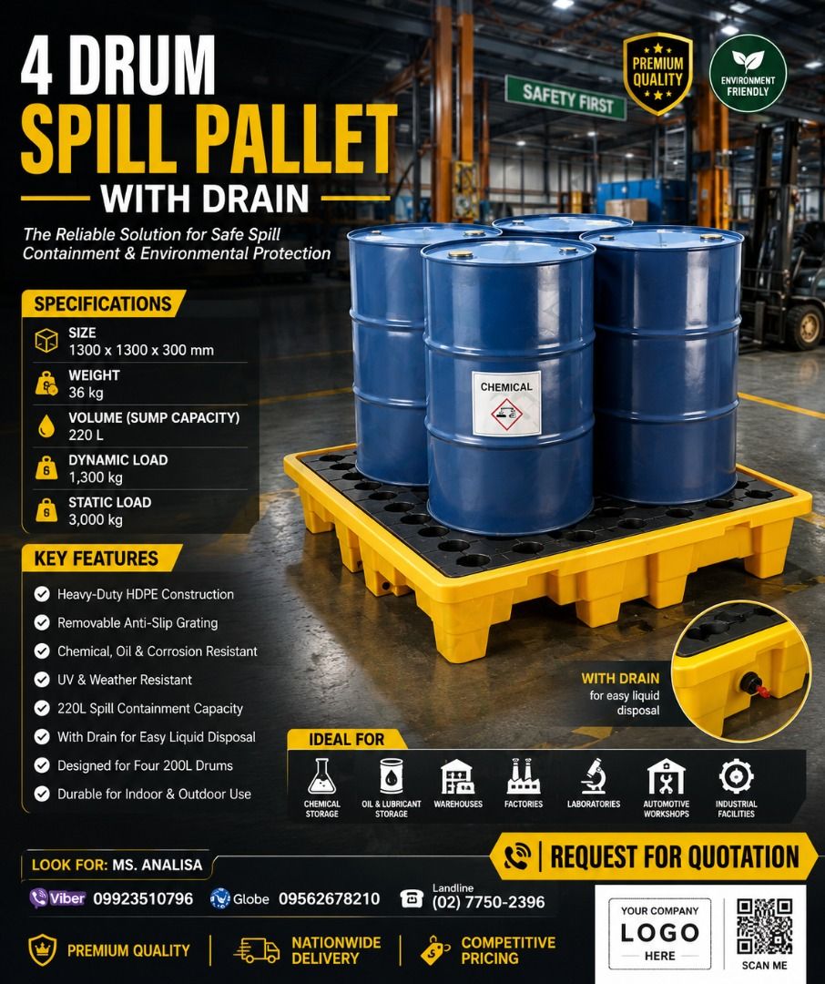 4 DRUM SPILL PALLET (Category: Looking For) located in Paranaque City. Submitted by buynowbilikanow (Listing ID 1466566126, Image 1). Description: ✅ Guaranteed lowest price ✅ Quality products ✅ Big discount for bulk orders ✅ 100% LEGIT TRUSTED SUPPLIER! ✅ With Complete Legal Documents ✅ BIR Registered We Supply All Kinds Of PPE Supplies, Raincoat, Hard Hat, Cooler Box, Plastic Trash Bin, Road Barriers, Kayak Boats, Crystal Kayak, Traffic Cone, T-