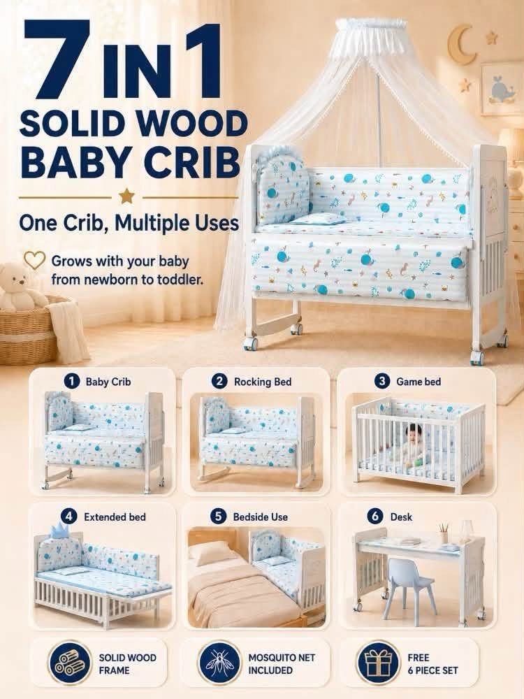 7 in 1 Solid Wood Baby Crib Convertible Bed White (Category: Cots & Cribs) located in Manila. Submitted by swifttiger-075e4a (Listing ID 1466633461, Image 2). Description: For sale: New Born Crib Solid Wood 7 in 1 Convertible Free na yung original Uratex foam 3 inches With mosquito net Saglit lang to nagamit ayaw ni baby sa crib gusto nakatabi samin Price: 2,500 Pickup only Location: Tatala, Binangonan.