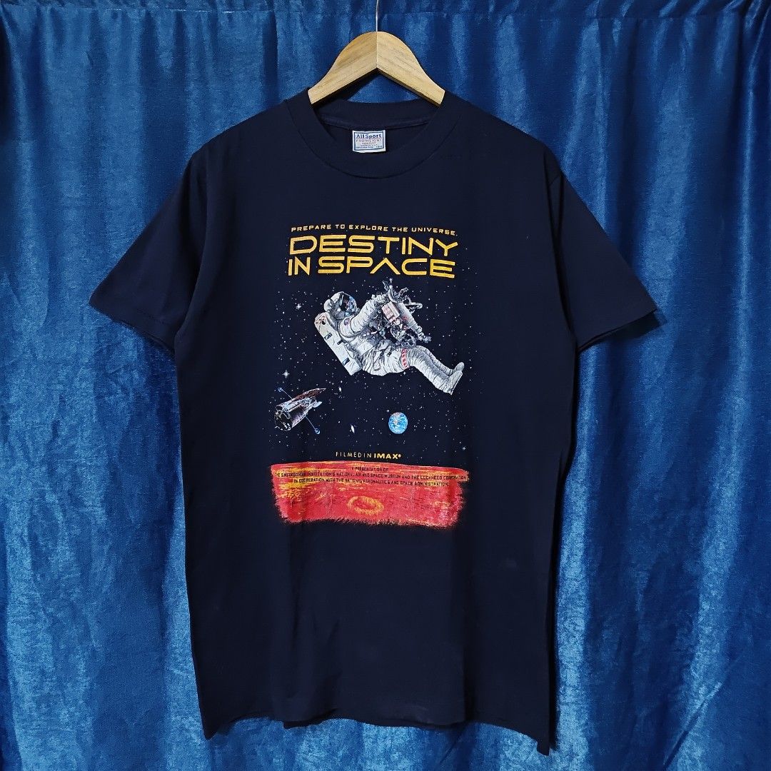 90's DESTINY IN SPACE BY SMITH SONIAN IMAX TEE (Category: Tshirts & Polo Shirts ) located in Makati City. Submitted by upcycled.closeth (Listing ID 1466584431, Image 1). Description: - Authentic 90's destiny in space product - Navy blue, short-sleeved - Size: Medium (men's) - Like new - Tag: All sports pro weight - Authentic from the 90's shirt - flaws: no flaws - Excellent condition - Need wash, fresh from bale - Features design of All sports mo