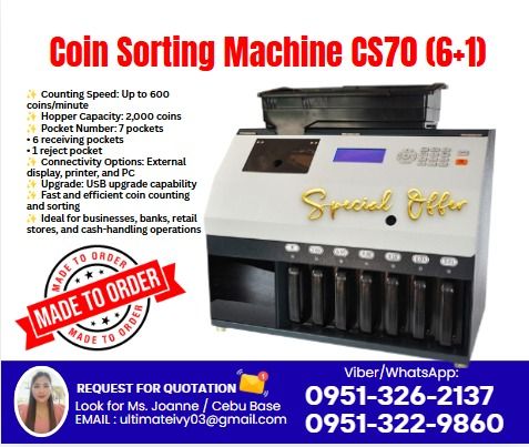 🪙 Coin Sorting Machine CS70 (6+1) for Sale (Category: Everything Else Others) located in Caloocan City. Submitted by freefire-bd9c (Listing ID 1466656555, Image 1). Description: ✨ Counting Speed: Up to 600 coins/minute ✨ Hopper Capacity: 2,000 coins ✨ Pocket Number: 7 pockets • 6 receiving pockets • 1 reject pocket ✨ Connectivity Options: External display, printer, and PC ✨ Upgrade: USB upgrade capability ✨ Fast and efficient coin counting and s