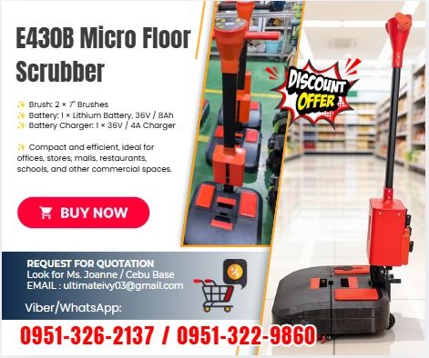 🧹 E430B Mini hand push floor scrubber with 430mm cleaning width for commercial (Category: Everything Else Others) located in Caloocan City. Submitted by jayvanntag48794 (Listing ID 1466642381, Image 1). Description: ✨ Model: E430B ✨ Cleaning Width: 430 mm ✨ Squeegee Width: 455 mm ✨ Cleaning Efficiency: Up to 1,500 m²/hour ✨ Solution Tank Capacity: 4 L ✨ Recovery Tank Capacity: 5.5 L ✨ Brush Pressure: Approx. 22 kg ✨ Brush Motor: 2 × 150 W (Brush