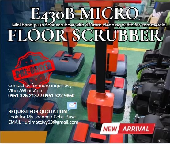 🧹 E430B Mini hand push floor scrubber with 430mm cleaning width for commercial (Category: Everything Else Others) located in Caloocan City. Submitted by gywnnesher68219 (Listing ID 1466642696, Image 1). Description: ✨ Model: E430B ✨ Cleaning Width: 430 mm ✨ Squeegee Width: 455 mm ✨ Cleaning Efficiency: Up to 1,500 m²/hour ✨ Solution Tank Capacity: 4 L ✨ Recovery Tank Capacity: 5.5 L ✨ Brush Pressure: Approx. 22 kg ✨ Brush Motor: 2 × 150 W (Brush
