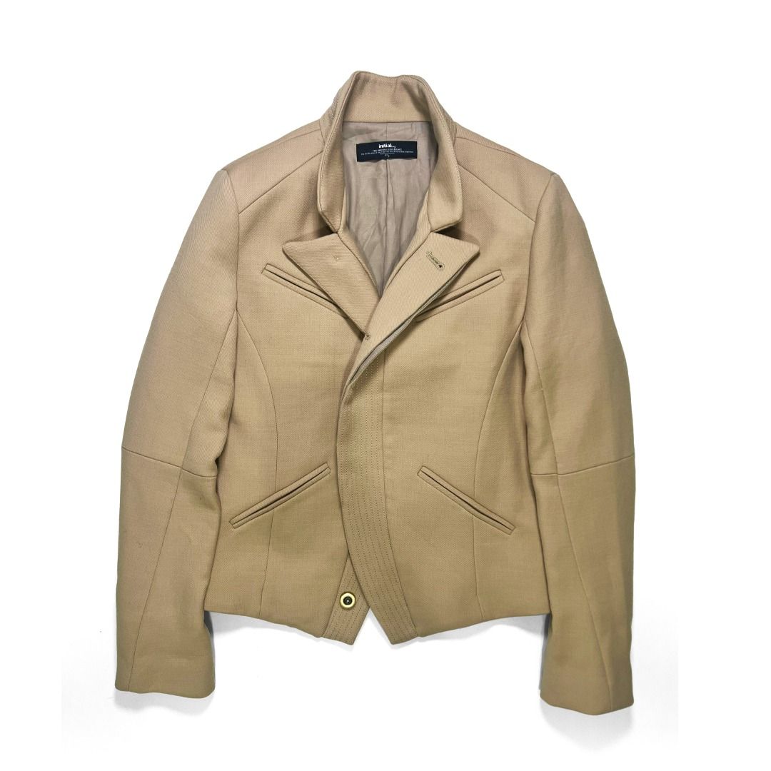 🟢 INITIAL Beige Wool Blend Structured Military Jacket Convertible Funnel Collar (Category: Coats, Jackets and Outerwear) located in Malabon City. Submitted by k.1006 (Listing ID 1466693154, Image 2). Description: 📝 Overview • INITIAL structured wool-blend jacket in a refined beige / camel-taupe tone • Featuring an unusually sculptural tailored construction that can be styled in several different ways. • Worn fully closed, it forms a clean funne