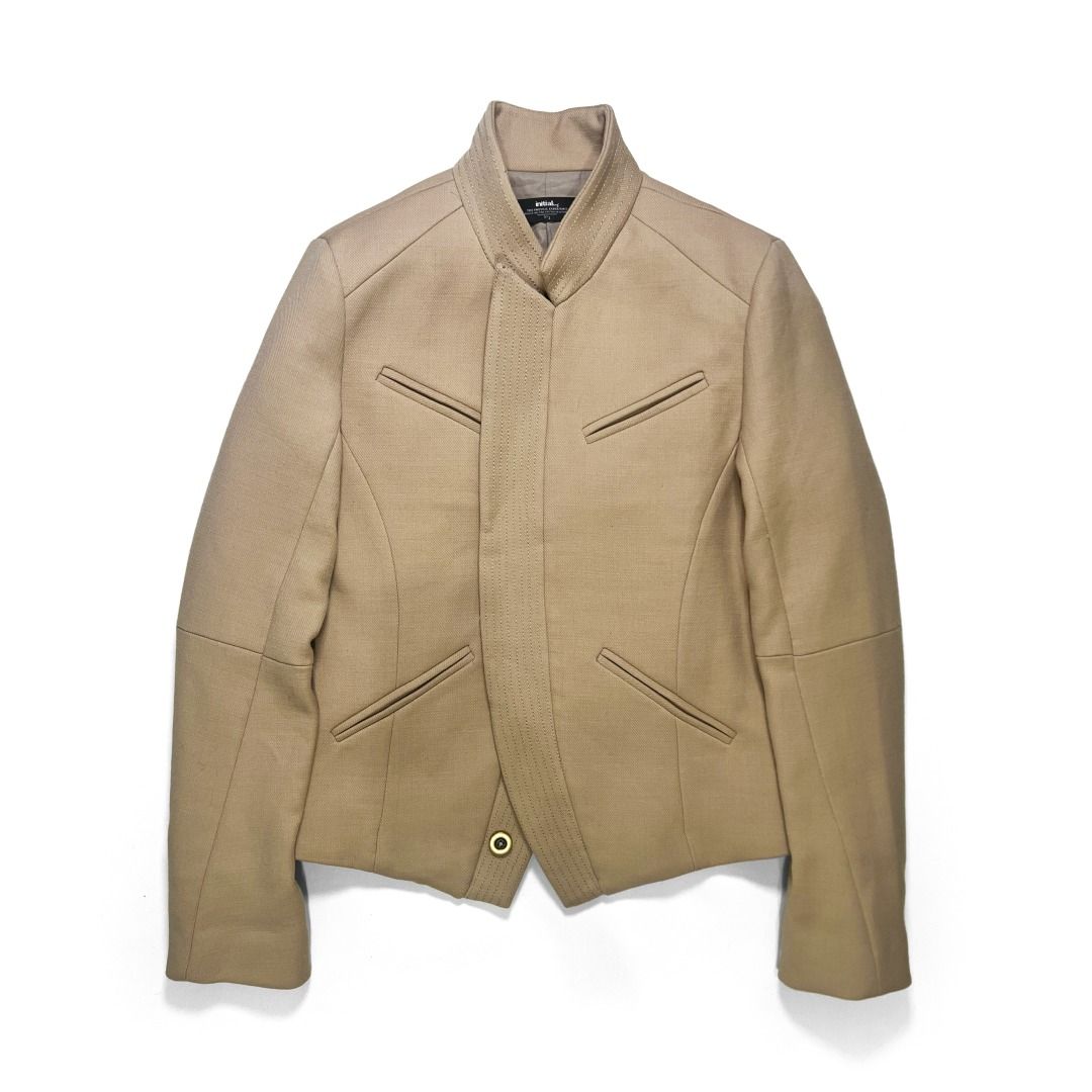 🟢 INITIAL Beige Wool Blend Structured Military Jacket Convertible Funnel Collar (Category: Coats, Jackets and Outerwear) located in Malabon City. Submitted by k.1006 (Listing ID 1466693154, Image 1). Description: 📝 Overview • INITIAL structured wool-blend jacket in a refined beige / camel-taupe tone • Featuring an unusually sculptural tailored construction that can be styled in several different ways. • Worn fully closed, it forms a clean funne