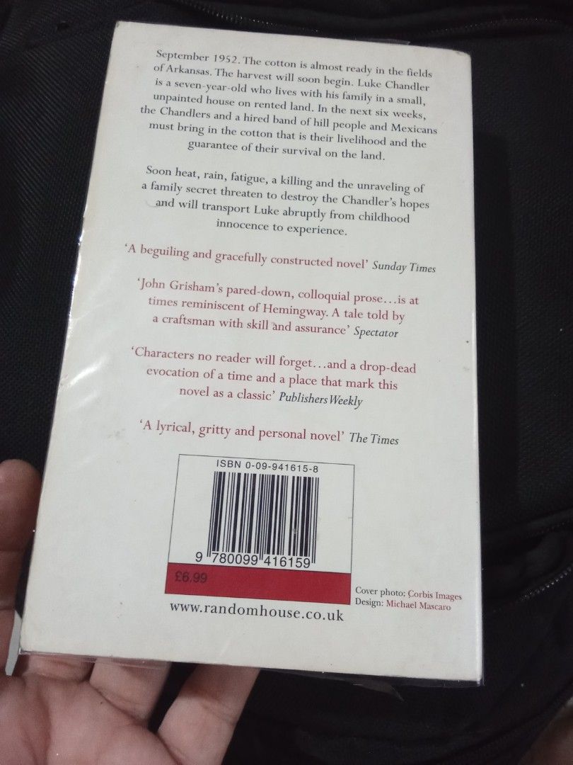 A Painted House by John Grisham Paperback Novel (Category: Storybooks) located in Pasig City. Submitted by teebeedeee (Listing ID 1466566284, Image 2). Description: - Title & Author: A Painted House by John Grisham - Edition & Publisher: Arrow Books, 2001 Paperback - ISBN: 0-09-941615-8 - Setting: Arkansas, September 1952 (follows 7-year-old Luke Chandler) - Condition: Pages have moderate yellowing from age, cover has light shelf wear at edges, s