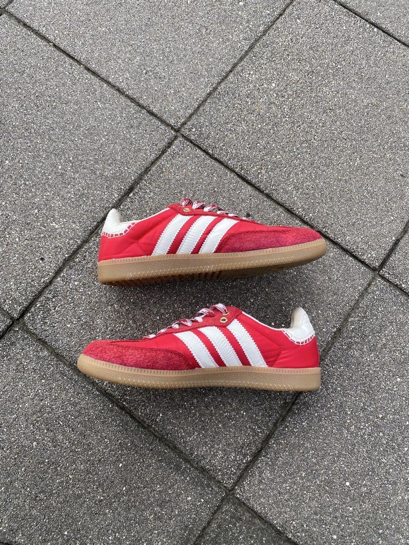 Adidas Wales Bonner Samba Red White (Category: Sneakers) located in Davao. Submitted by thirdy.pfp (Listing ID 1466654416, Image 2). Description: Adidas Samba x Wales Bonner Scarlet Red 6 us / 24 cm Excellent 9/10 -2000 - Eye-catching bold red colorway with iconic white three stripes - Premium suede toe box panel and textured heel patch - Elegant gold-tone eyelets and contrast white stitching - Unique patterned rope laces with metallic tips - Com