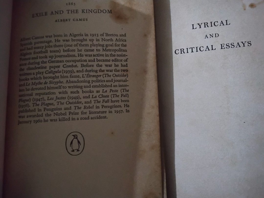 Albert Camus Set (Category: Storybooks) located in Manila. Submitted by completinggaddiscollection (Listing ID 1466768069, Image 2). Description: As set only books: - Camus, A Romance by Elizabeth Hawes - The First Man, Lyrical And Critical Essays, The Myth Of Sisyphus, Penguin Plays (Caligula and Cross Purpose), and Exile and the Kingdom by Albert Camus dm for more info rfs: Funds.