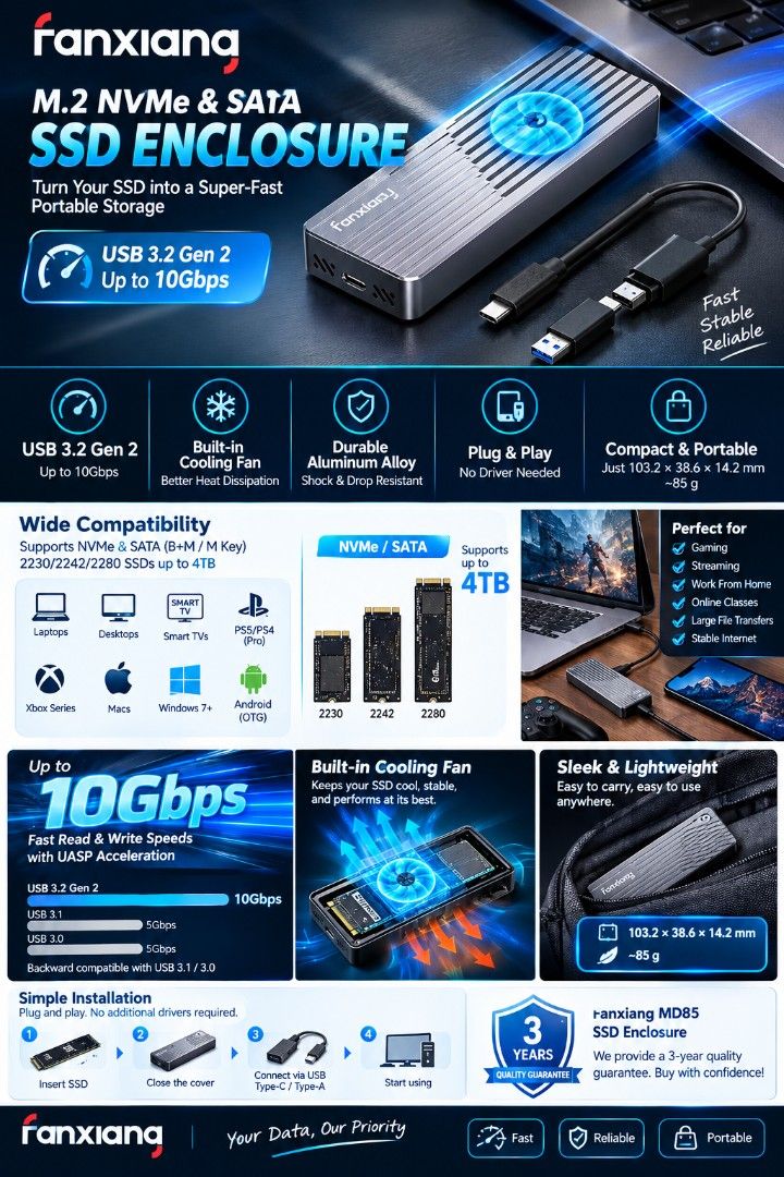 Aluminum Shell NVMe and M.2 SATA SSD Enclosure (Category: Hard Disks & Thumbdrives) located in Taguig. Submitted by wiltech016 (Listing ID 1466758960, Image 1). Description: 🔥 KEY FEATURES: ⚡ USB 3.2 Gen 2 — speeds up to 10Gbps 🚀 UASP acceleration for faster data transfers ❄️ Built-in cooling fan for improved heat dissipation 💾 Supports NVMe & SATA M.2 SSDs 📏 Supports 2230 / 2242 / 2280 sizes 💽 Supports SSDs up to 4TB 🔑 Compatible with B+M 