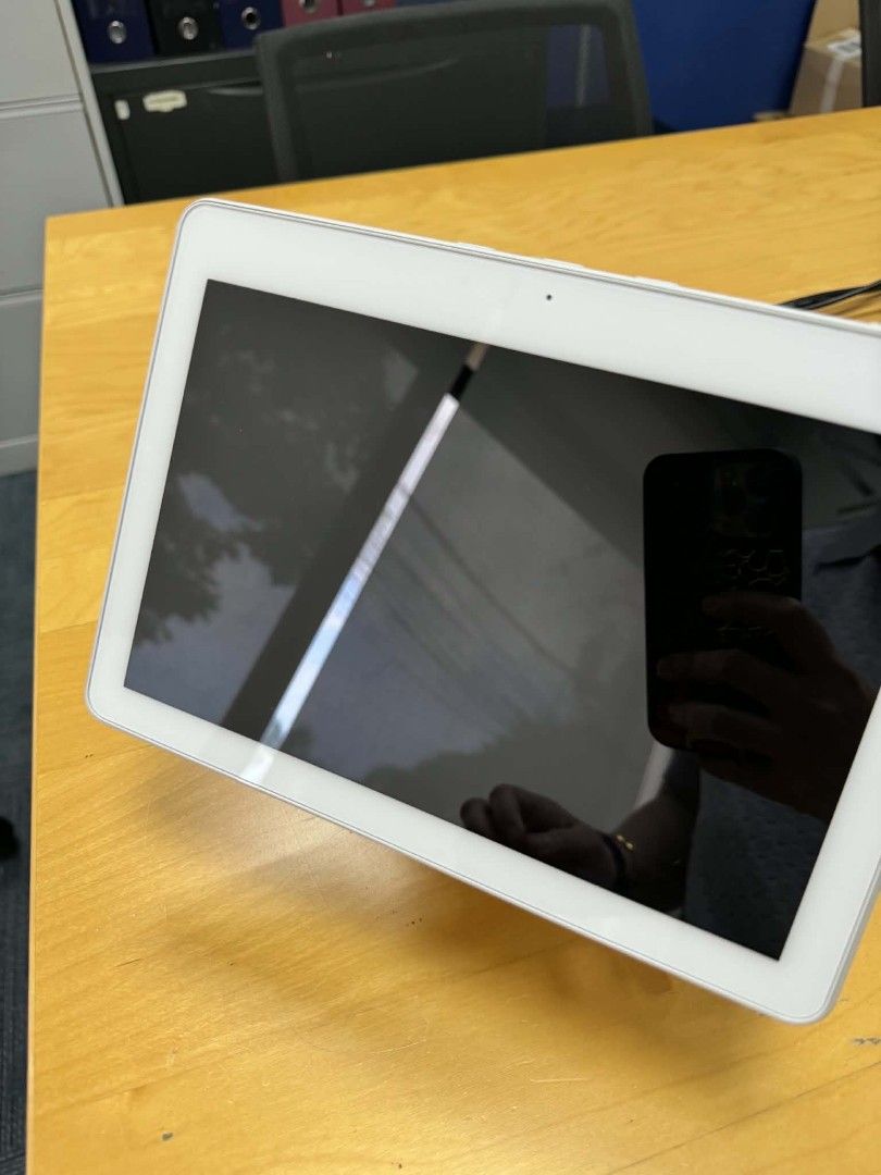 Amazon Echo Show smart display white speaker (Category: Soundbars, Speakers & Amplifiers) located in Angeles City. Submitted by roadmovie101808 (Listing ID 1466610201, Image 3). Description: - Device: White smart display with built-in camera and round speaker base - Inclusions: Comes with original power adapter and cable - Condition: Clean, powers on, and works perfectly - Features: Great for video calls, music playback, and smart home control - 