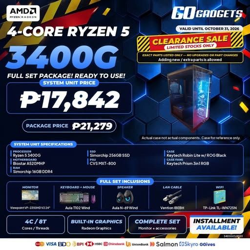 AMD Ryzen 5 3400G Full Set Gaming PC Package (Category: Desktops) located in Caloocan City. Submitted by joseph_elmido (Listing ID 1466678184, Image 1). Description: - Complete PC Bundle: AMD Ryzen 5 3400G with built-in Radeon graphics - Motherboard & Memory: Biostar A520MHP with 16GB DDR4 RAM - Storage & Power: 256GB SSD and CVS MXT-800 PSU in a Keytech Robin Lite case with 3 RGB fans - Display: 24-inch Viewpoint monitor included - Peripherals: 