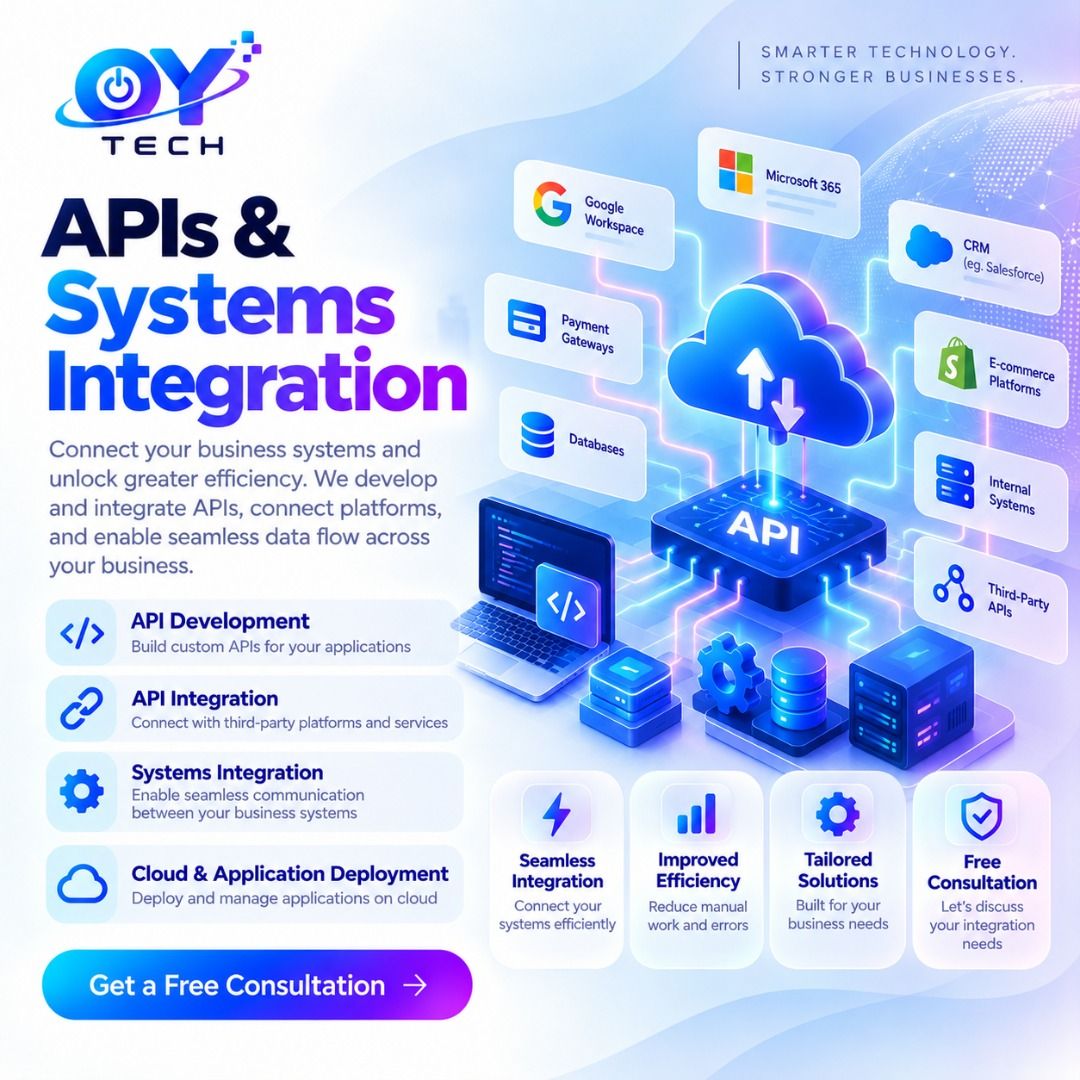 API Integration Singapore | API Developer, System Integration & Cloud (Category: Software) located in Singapore. Submitted by oyenterprise (Listing ID 1466706974, Image 1). Description: 🔗 API DEVELOPMENT | SYSTEM INTEGRATION | THIRD-PARTY API | CLOUD DEPLOYMENT 🚀 Connect Your Business Applications & Automate Data Exchange! Are you manually transferring information between different applications? Need to connect your website, CRM, payment gatewa