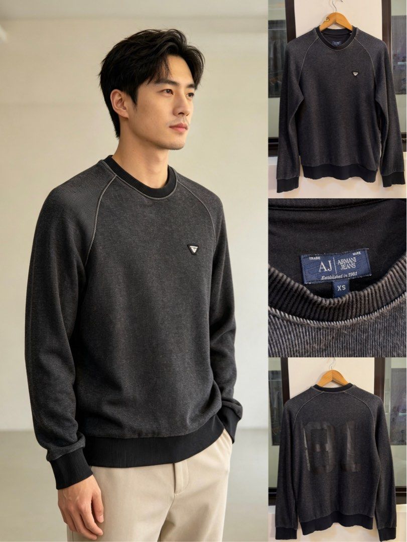 Armani Jeans Grey Washed Sweatshirt (Category: Coats, Jackets and Outerwear) located in Paranaque City. Submitted by preluxeshop_ph (Listing ID 1466769111, Image 1). Description: Armani Jeans Grey Washed Sweatshirt -Small triangular logo on chest -Large ‘81’ graphic on back -Condition: 9.8/10 -Dimes: Length: 24.5” Width: 20”.
