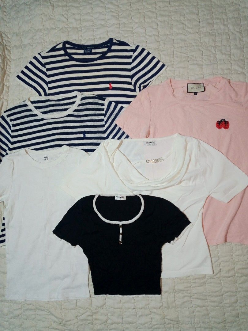 Assorted Designer and Casual T-Shirts Bundle (Category: Tshirts & Polo Shirts ) located in Allen. Submitted by milyonaryung_gipit (Listing ID 1466575399, Image 1). Description: - Bundle of 6 stylish tops featuring Polo Ralph Lauren, Gucci, and Chanel styles - Assorted colors including classic white, pink, black, and trendy stripes - Variety of designs: ribbed fabric, cute embroidered cherry detail, and button-front crop top - Mixed sizes and styl
