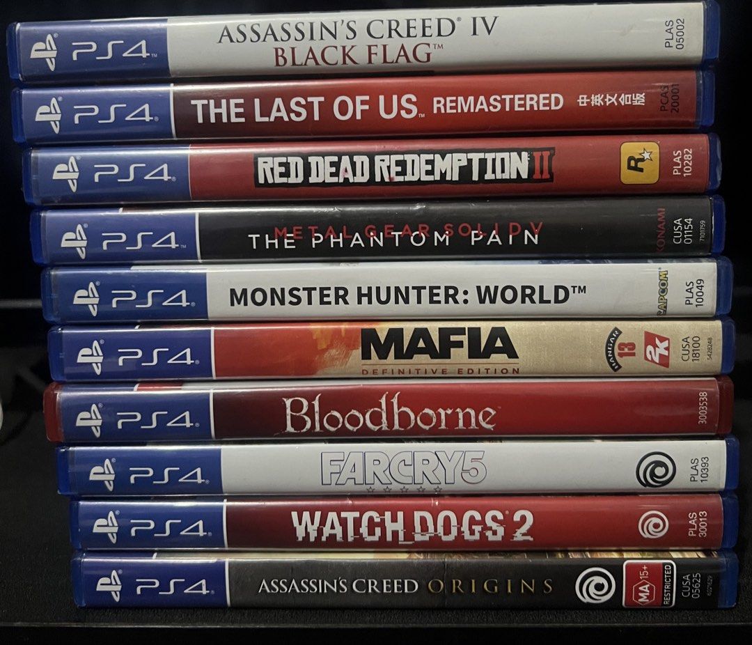 Assorted PS4 Games Bundle - 10 Popular Titles (Category: PlayStation) located in Imus. Submitted by shopatsens (Listing ID 1466574861, Image 1). Description: AC Black Flag - 500 Last of Us Remastered - 700 Red dead Redemption - 900 Metal Gear - 500 Monster Hunter - 500 Mafia - 800 Bloodborne - 600 Far Cry 5 - 500 Watch Dogs 2 - 500 AC Origins - 500.