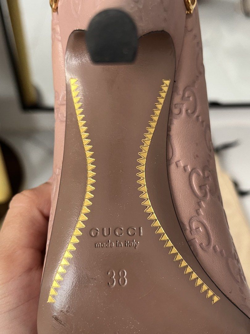 AUTHENTIC GUCCI GG EMBOSSED PUMPS (Category: Heels) located in Abucay. Submitted by dee.mnlsts (Listing ID 1466628956, Image 3). Description: Gucci Guccissima Pink Leather Pumps • Size 38 • Pink/nude blush Guccissima embossed leather • Gold-tone Gucci detailing • Pre-loved / previously worn • With original Gucci dust bags • May visible signs of use, especially on the soles/outsole • Selling because decluttering • Location: Cabanatuan / Nueva Ecij