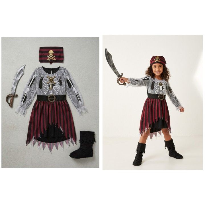 Authentic imported Pirate Girl Costume (Category: Babies & Kids Fashion) located in Las Pinas. Submitted by outerwearsmanila (Listing ID 1466604331, Image 1). Description: Skele-Punk Pirate Costume for girls (also known as a pirate skeleton or ghost bride pirate costume), complete with a patterned dress, striped headscarf, toy sword Brand New imported Australia Anko Kid girl age 6/8 yrs old Set- 1 Dress costume/1 bandana/1 sword 450.00.