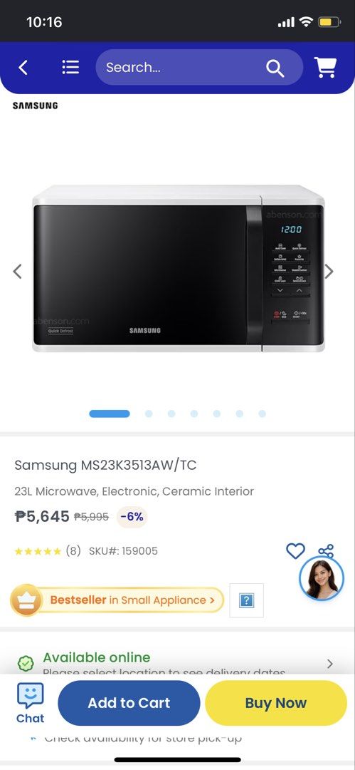 [Authentic] Samsung MS23K3513AW/TC 23L Electronic Microwave (Category: Ovens & Toasters) located in Trece Martires City. Submitted by jus.legaspi4221 (Listing ID 1466576995, Image 1). Description: - Brand/Model: Samsung 23L Microwave Oven - Capacity: 23 Liters - Power Output: 750W - Interior: Scratch-resistant and easy-to-clean ceramic enamel - Display: Electronic control panel with stylish ice blue LED display - Key Functions: Power defrost, foo