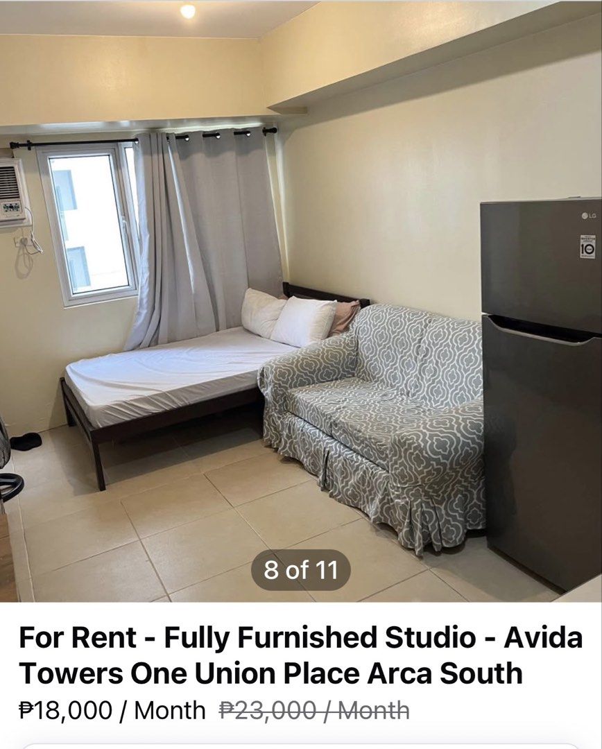 Avida Arca South, Taguig Studio for rent! (Category: Apartments & Condos) located in Paranaque City. Submitted by JanHernandez (Listing ID 1466770873, Image 3). Description: Location: Avida One Union Place Tower 1, Arca South, Taguig City. Floor area: 22 sqm. Studio Description: unit located on the 5th floor. Fully furnished with one full sized bed, aircon, TV, WiFi, ref, induction cooker, dining for 2, wardrobe closet, 2-seater sofa. .