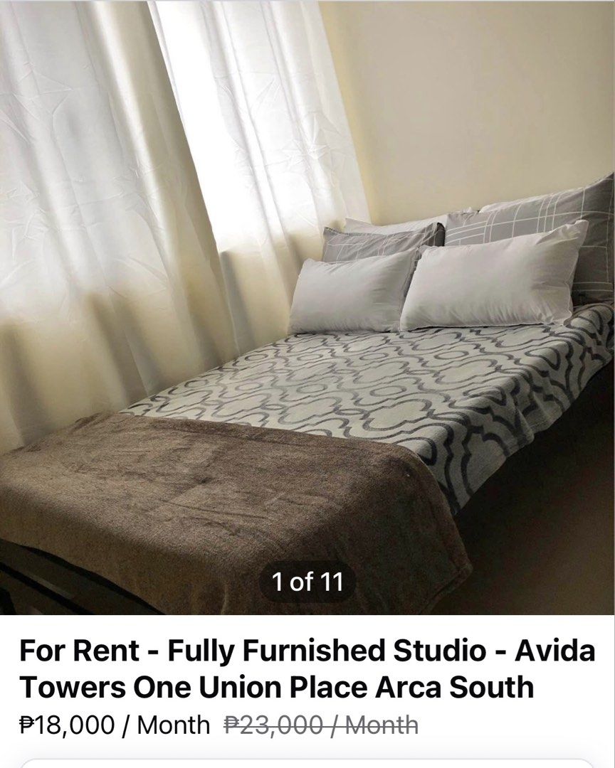 Avida Arca South, Taguig Studio for rent! (Category: Apartments & Condos) located in Paranaque City. Submitted by JanHernandez (Listing ID 1466770873, Image 1). Description: Location: Avida One Union Place Tower 1, Arca South, Taguig City. Floor area: 22 sqm. Studio Description: unit located on the 5th floor. Fully furnished with one full sized bed, aircon, TV, WiFi, ref, induction cooker, dining for 2, wardrobe closet, 2-seater sofa. .