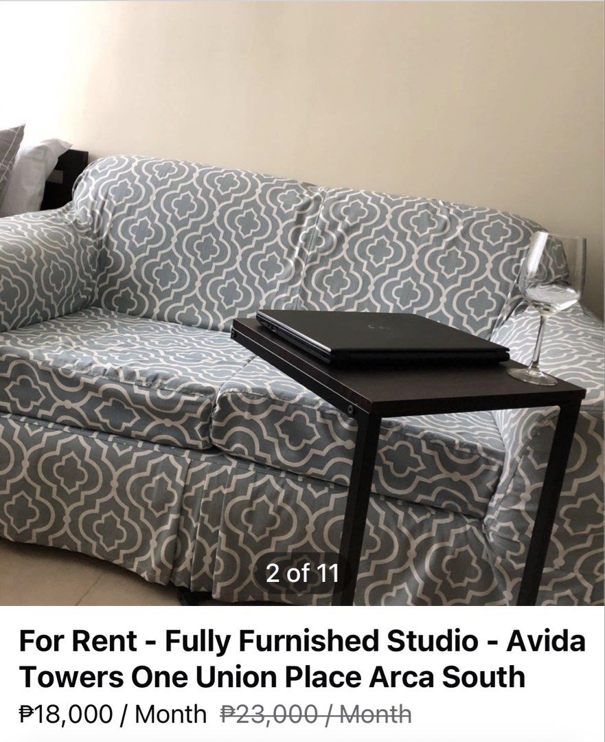 Avida Arca South, Taguig Studio for rent! (Category: Apartments & Condos) located in Paranaque City. Submitted by JanHernandez (Listing ID 1466770873, Image 2). Description: Location: Avida One Union Place Tower 1, Arca South, Taguig City. Floor area: 22 sqm. Studio Description: unit located on the 5th floor. Fully furnished with one full sized bed, aircon, TV, WiFi, ref, induction cooker, dining for 2, wardrobe closet, 2-seater sofa. .