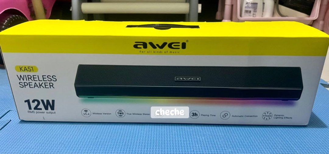Awei KA51 Wireless Speaker Soundbar 12W (Category: Soundbars, Speakers & Amplifiers) located in Angono. Submitted by cherryberryxoxo (Listing ID 1466667206, Image 1). Description: - Model: Awei KA51 Wireless Speaker - Power: 12W RMS power output for clear, strong sound - Connectivity: Bluetooth v5.4 with auto-connection feature - Stereo: True Wireless Stereo (TWS) capability supported - Lighting: Built-in dynamic RGB effects along the bottom - Ba