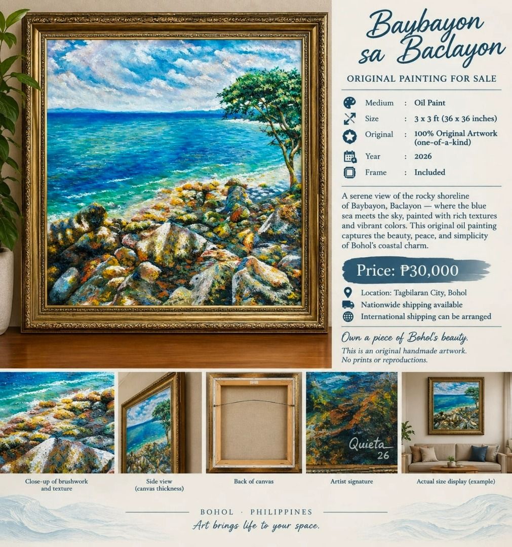Baybayon sa Baclayon (Category: Frames & Pictures) located in Caloocan City. Submitted by precei (Listing ID 1466686929, Image 1). Description: Medium: Oil Paint Size: 3x3ft (36 x36 inches) Original: 100% Original Artwork (one-of-a-kind) Year : 2026 Frame : Included.