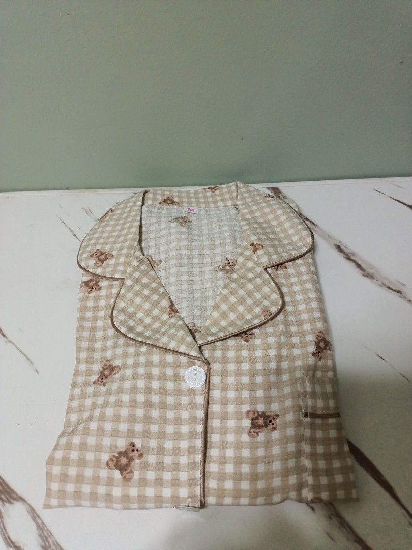 Beige Gingham Teddy Bear Pajama Set (Category: Undergarments & Loungewear) located in Antipolo. Submitted by cathrift_ (Listing ID 1466720894, Image 3). Description: short sleeve polo + short.