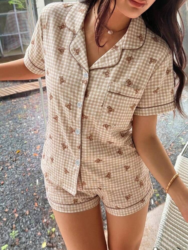 Beige Gingham Teddy Bear Pajama Set (Category: Undergarments & Loungewear) located in Antipolo. Submitted by cathrift_ (Listing ID 1466720894, Image 1). Description: short sleeve polo + short.