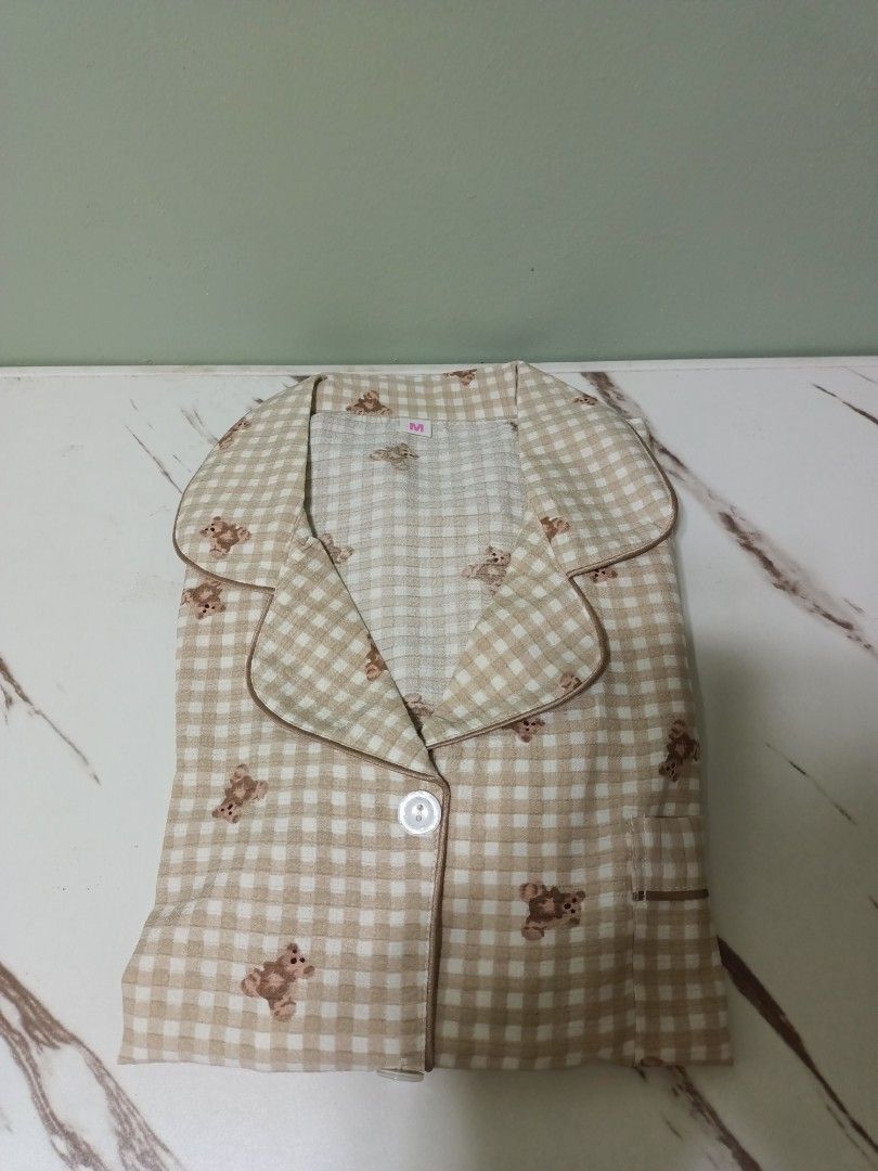 Beige Gingham Teddy Bear Pajama Set (Category: Undergarments & Loungewear) located in Antipolo. Submitted by cathrift_ (Listing ID 1466720894, Image 2). Description: short sleeve polo + short.