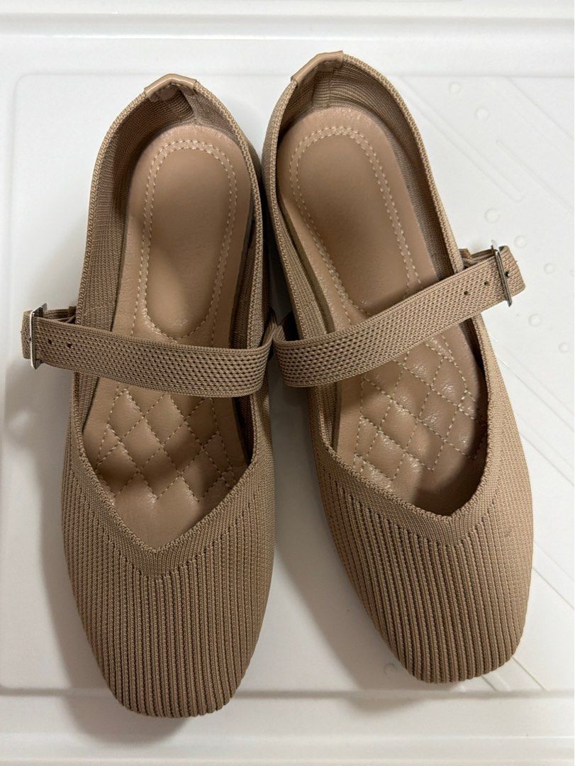Beige Knitted Mary Jane Flats with Strap (Category: Flats & Sandals) located in Los Banos. Submitted by sashimituna (Listing ID 1466709682, Image 2). Description: - Color: Beige - Style: Knitted Mary Jane flats with square toe and ribbed texture - Fit/Closure: Adjustable strap with small metal buckle - Comfort: Padded quilted interior sole - Condition: Clean and neat throughout.
