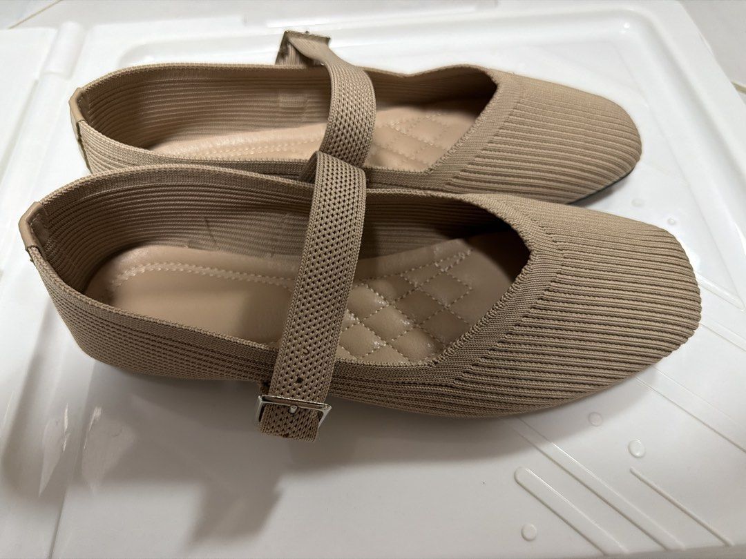 Beige Knitted Mary Jane Flats with Strap (Category: Flats & Sandals) located in Los Banos. Submitted by sashimituna (Listing ID 1466709682, Image 1). Description: - Color: Beige - Style: Knitted Mary Jane flats with square toe and ribbed texture - Fit/Closure: Adjustable strap with small metal buckle - Comfort: Padded quilted interior sole - Condition: Clean and neat throughout.