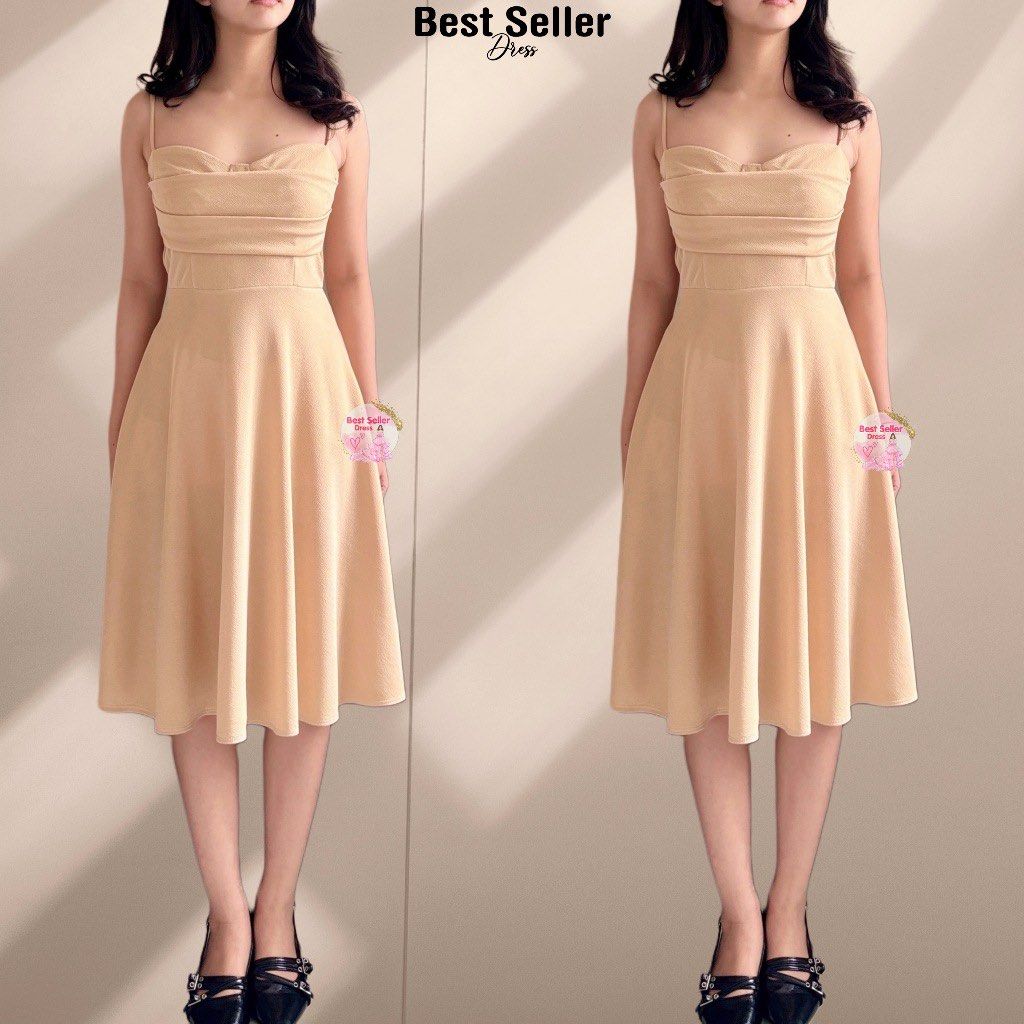 Beige Spaghetti Strap Draped Midi Dress (Category: Dresses) located in Cebu City. Submitted by softly.preloved (Listing ID 1466772256, Image 1). Description: -nude/elegant beige -spaghetti strap midi dress with cowl neckline and flared skirt - very flattering - worn once for a few hours, super clean, and ready to wear - Perfect for: Date nights, parties, or casual events.