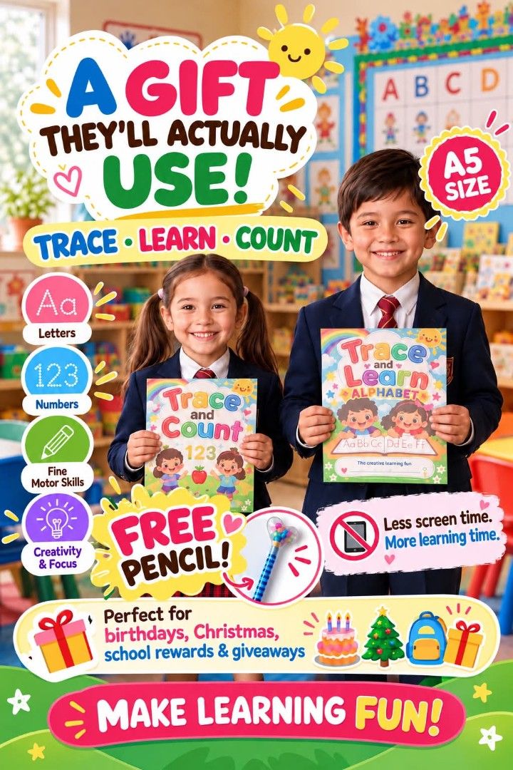 BEST GIVE AWAY FOR CHILDREN (Category: Children's Books) located in General Trias. Submitted by scat2026 (Listing ID 1466585931, Image 1). Description: - a personalized & simplified design for children -Set includes Trace and Learn Alphabet and Trace and Count 123 activity workbooks in handy A5 size - Promotes early learning: practices letters, numbers, fine motor skills, creativity, and focus - Fun and productive way to reduce kids' screen time 