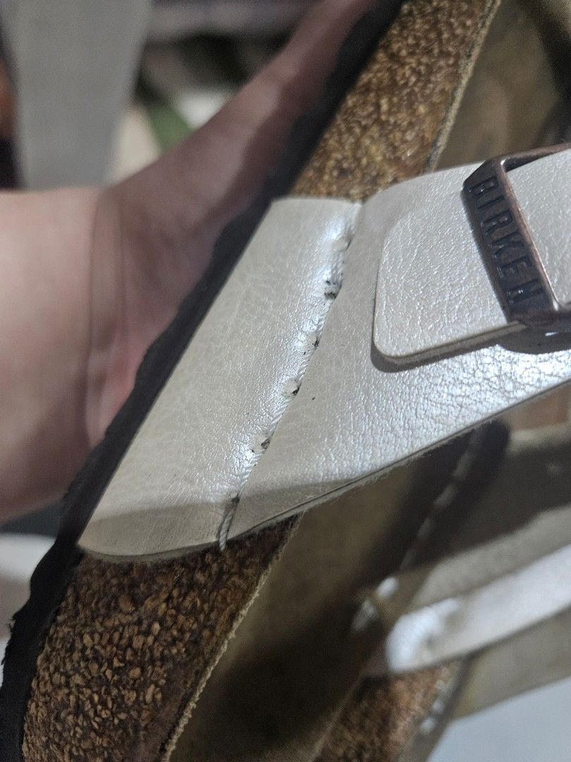 Birkenstock Gizeh Sandals (Category: Flats & Sandals) located in Manila. Submitted by snugglebug04 (Listing ID 1466700668, Image 2). Description: - Brand: Birkenstock - Model: Gizeh Thong Sandals - Color: White - Size: 38 (Regular Width) - Origin: Made in Germany - Condition: Pre-loved with noticeable dark discoloration on the footbeds from regular use - Features: Buckles, straps, and soles are fully intact with plenty of tread remaining Issue: P