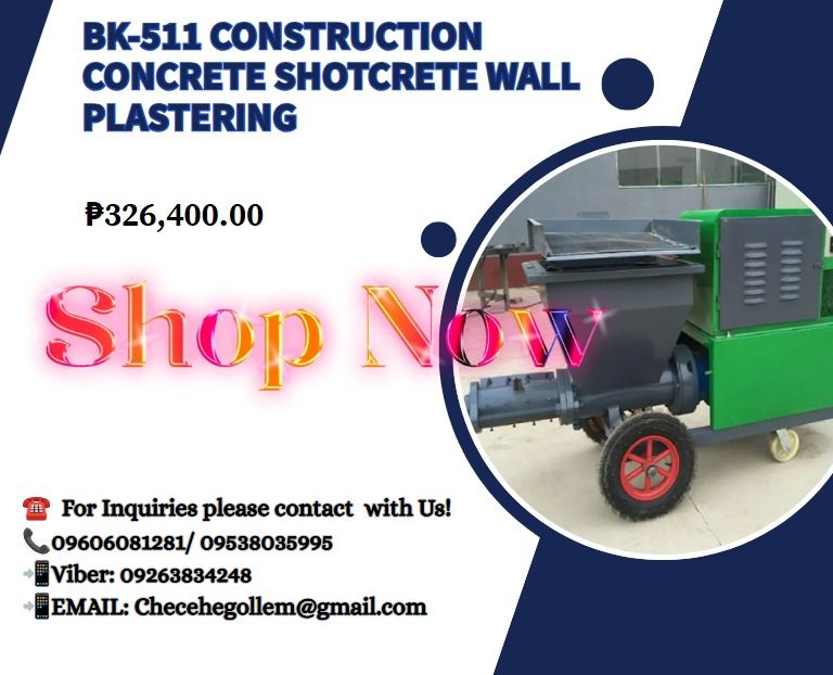 BK-511 Construction Concrete Shotcrete Wall Plastering (Category: Everything Else Others) located in Caloocan City. Submitted by 09616968642 (Listing ID 1466577246, Image 1). Description: ●Capacity:2--4m3/hr ●Working pressure:3MPa ●Horizontal conveying distance:50m ●Vertical conveying distance:30m ●Main motor power:7.5kw,380v ●Screw speed:200--600RPM ●Hose size :13mm ●Aggregate size:7mm ●Internal diameter of pipe:25/32mm Air ●compressor(optional)