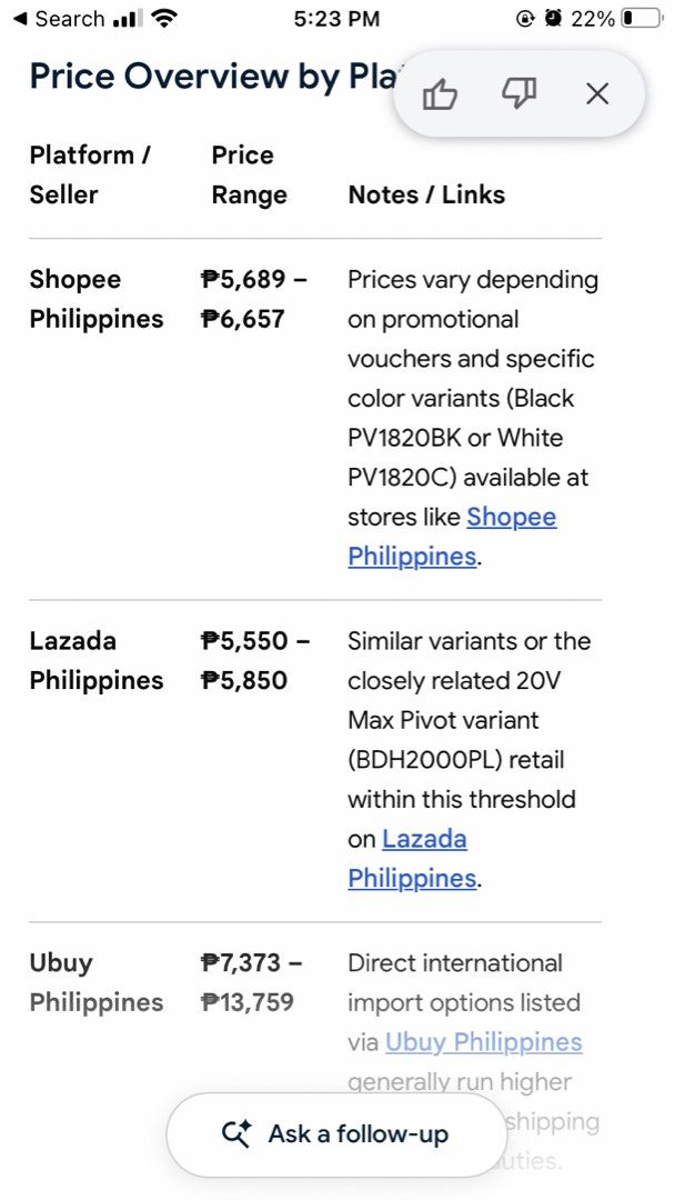 Black & Decker Dustbuster Pivot Lithium 18V Handheld Vacuum (Category: Vacuum Cleaner & Housekeeping) located in Caloocan City. Submitted by castroemman0201 (Listing ID 1466656184, Image 3). Description: - Brand: Black & Decker Dustbuster Pivot - Battery: 18V lithium (holds a proper charge) - Condition: Working well, reliable cordless performance - Includes: Charging dock and power adapter - Ideal for: Quick and easy cleanups around the house or 