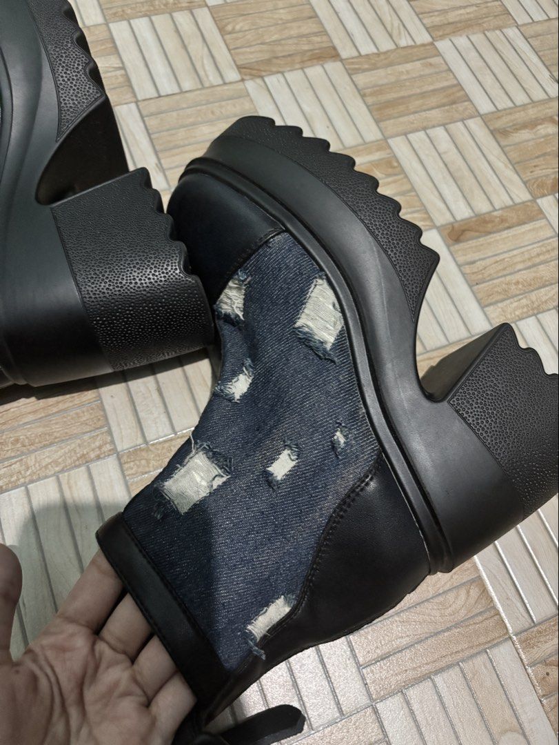 Black and Denim Distressed Chunky Heel Boots (Category: Boots) located in Las Pinas. Submitted by leleqt_ (Listing ID 1466745487, Image 3). Description: - Style: Edgy chunky boots with distressed denim panels - Design: High heels, platform soles, and top strap with buckle detail - Convenience: Back zippers for easy on and off -Once lang na use sa concert. - 3 inches heels -Size 36 .