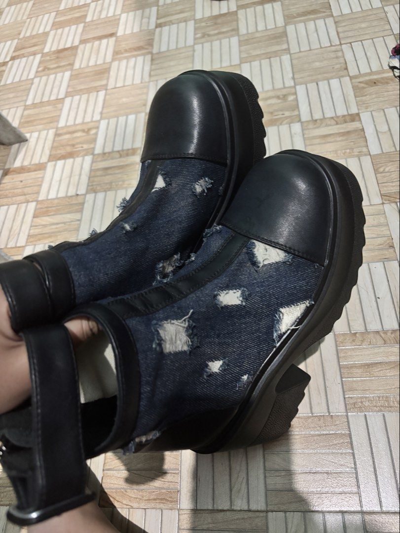 Black and Denim Distressed Chunky Heel Boots (Category: Boots) located in Las Pinas. Submitted by leleqt_ (Listing ID 1466745487, Image 1). Description: - Style: Edgy chunky boots with distressed denim panels - Design: High heels, platform soles, and top strap with buckle detail - Convenience: Back zippers for easy on and off -Once lang na use sa concert. - 3 inches heels -Size 36 .