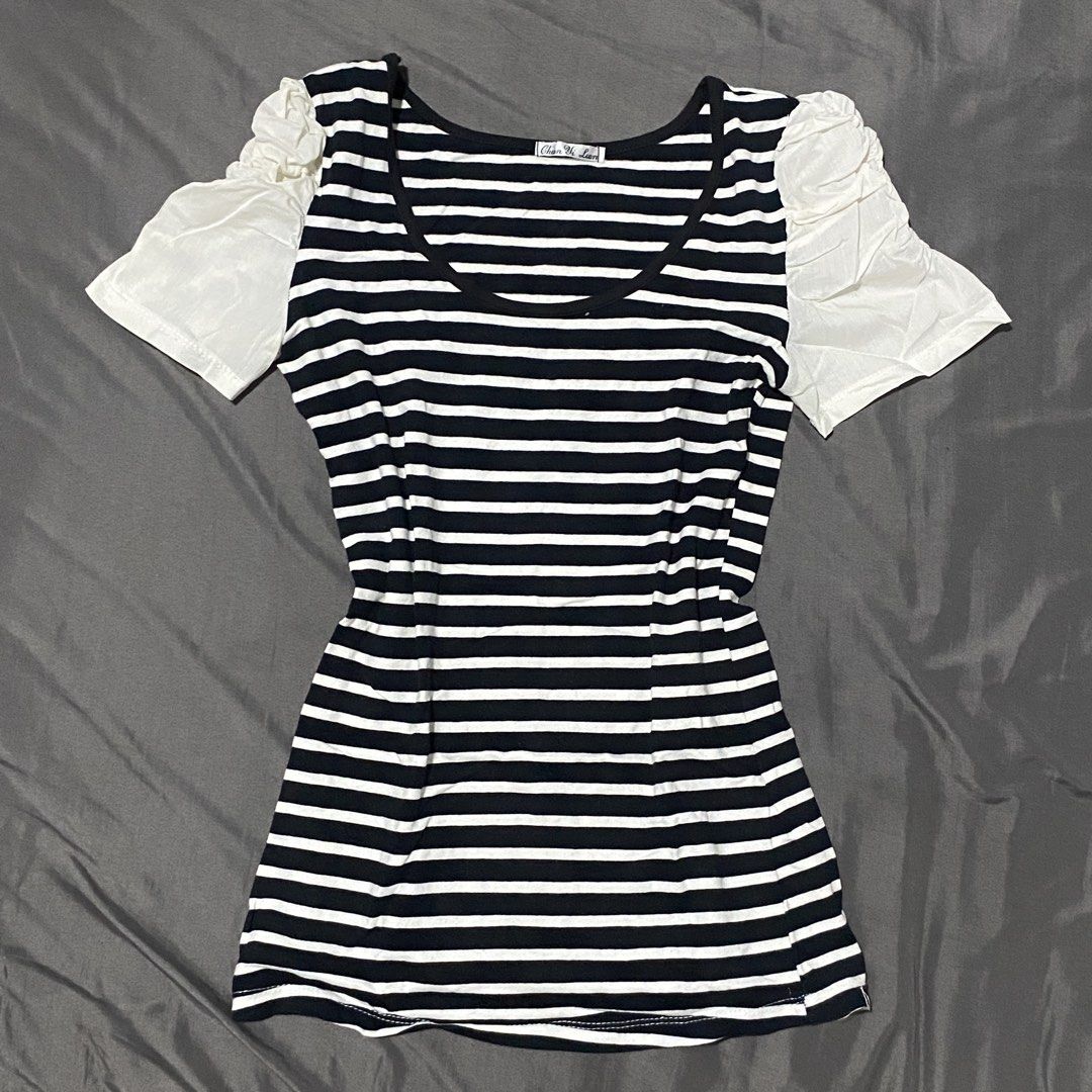 Black and White Striped Top with Ruffle Sleeves (Category: Blouses) located in Manila. Submitted by faerikhae (Listing ID 1466745209, Image 1). Description: - Trendy black and white horizontal stripes - Scoop neckline with stylish black trim - Short white sleeves with adorable gathered ruffle shoulder detailing - Flattering, fitted cut through the torso - Comfortable everyday wear, easy to match with jeans or skirts - Modesty and brand tag intact