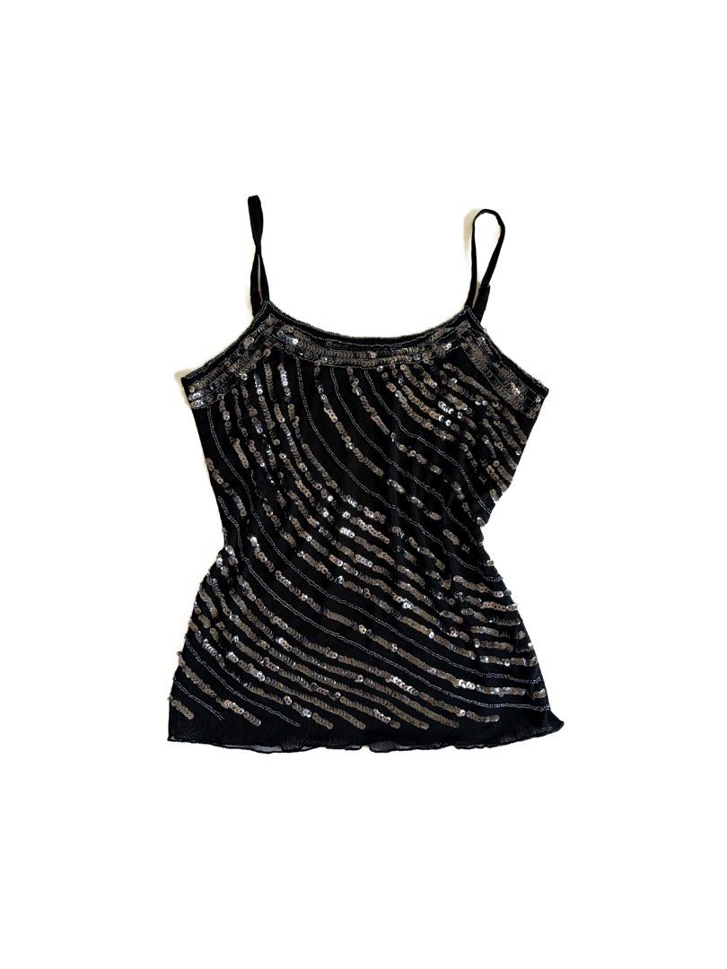 Black Beaded Sequin Camisole Top (Category: Sleeveless) located in Tarlac. Submitted by kr_closet (Listing ID 1466705485, Image 1). Description: - Color: Black with silver sequins and beads - Size: Medium (M) - Design: Elegant diagonal striped beaded and sequined pattern with slim straps - Material: Lightweight mesh fabric with intricate embellishments - Condition: Thrifted, very good pre-loved condition - Perfect for: Night outs, parties, clubs,