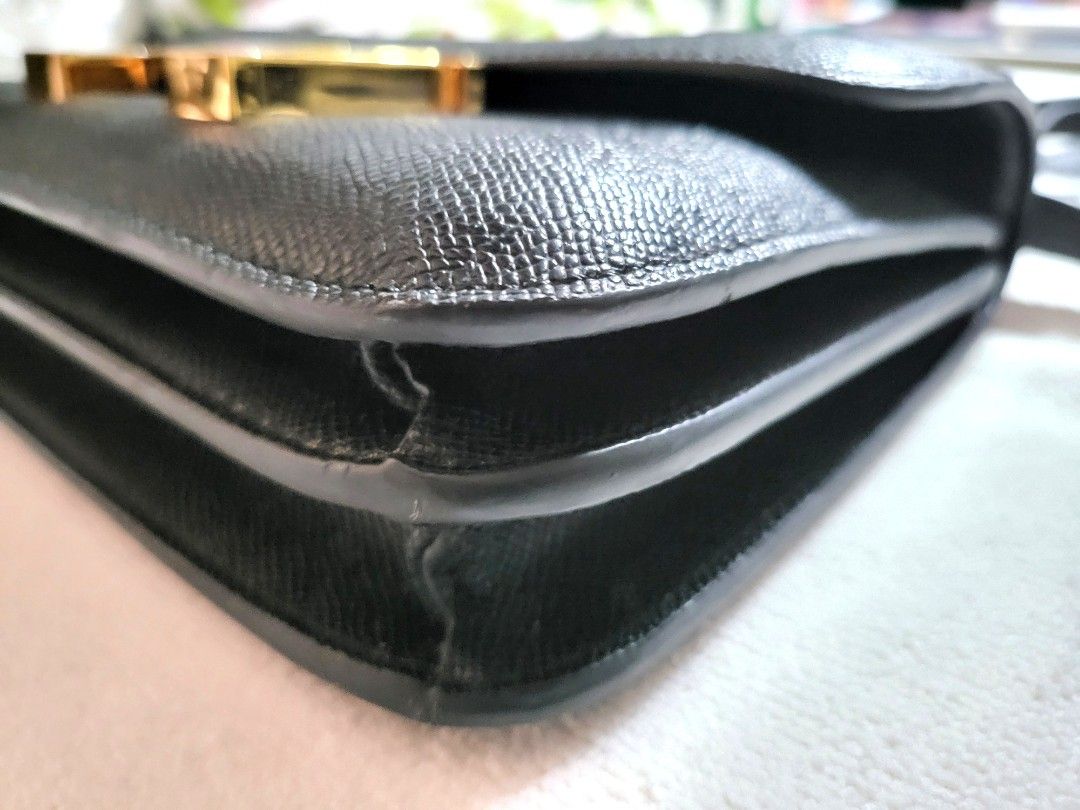 Black H-Buckle Structured Flap Shoulder Bag / (Category: Cross-body Bags) located in Imus. Submitted by cheratedfinds (Listing ID 1466611223, Image 3). Description: [CONDITION] - Pre-loved condition - Hardware has light surface scratches/tarnish - Minor wear/crack on side edge glazing (see detailed photos) - Overall clean interior and functional structure.