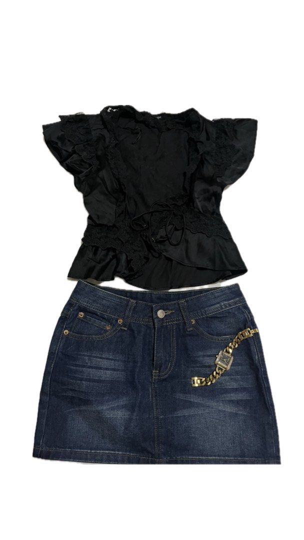 Black Ruffle Top and Denim Skirt Set (Category: Sets or Coordinates) located in Manila. Submitted by ann.b200 (Listing ID 1466642103, Image 1). Description: - Set includes: Black short-sleeve top and dark blue denim mini skirt - Top details: Cute lace trim and front tie closure - Skirt details: Mini length with a chic attached gold chain on the pocket - Style: Perfect for casual days out, coffee dates, or weekend hangouts - Condition: Good as new